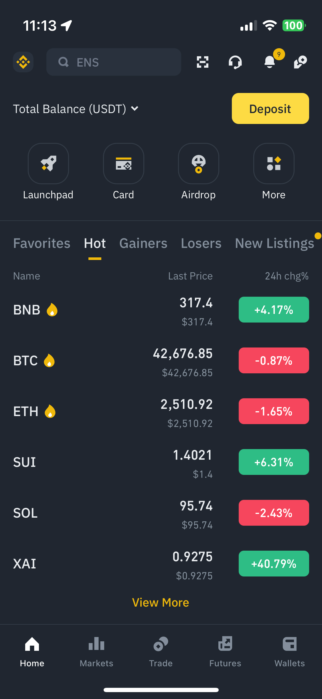 Screenshot of Binance